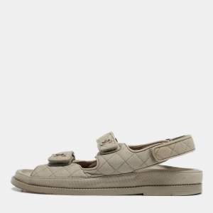 Pre Owned Chanel Grey Fabric Dad Flat Sandals Size 39