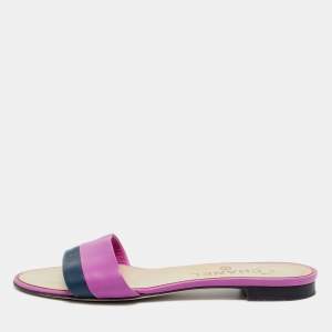 Pre Owned Chanel Purple/Navy Blue Leather CC Flat Slides Size 37.5
