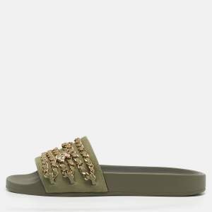 Pre Owned Chanel Olive Green Canvas and Leather Tropiconic Chain Slide Flats Size 38