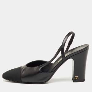 مملوكة مسبقًا Chanel Black Leather and Fabric Cap Toe CC Block Heel Slingback Sandals Size 38