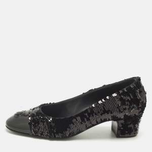 Pre Owned Chanel Black Patent Leather and Sequins CC Cap Toe Pumps Size 36