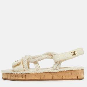 Pre Owned Chanel White Leather and Rope Dad Slingback Sandals Size 36