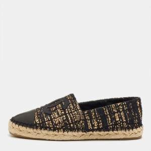 Pre Owned Chanel Black/Gold Metallic Tweed and Fabric Cap-Toe CC Flat Espadrilles Size 38