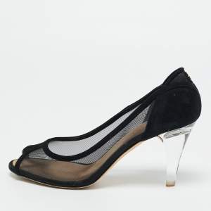 Pre Owned Chanel Size 40 Black Mesh and Suede Peep Toe Pumps