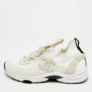 Pre Owned Chanel CC Size 39.5 White/Black Knit Fabric Sneakers