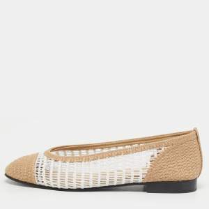 مملوكة مسبقًا Chanel CC Size 37.5 Beige/White Knit Fabric CC Cap Toe Ballet Flats
