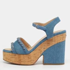 Pre Owned Chanel Size 40 Black Denim Cork Platform Ankle Strap Sandals