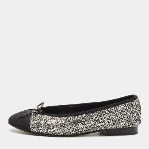 Pre Owned Chanel CC Size 38 Black/Grey Canvas and Tweed Bow Ballet Flats
