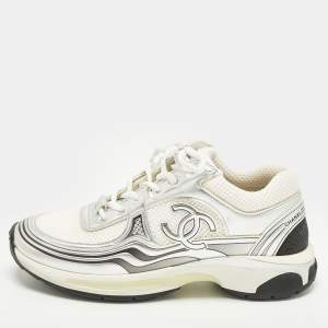 مملوكة مسبقًا Chanel CC Size 39 Silver Fabric and Leather Lace Up Sneakers