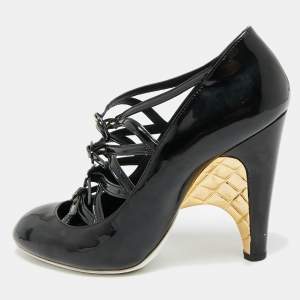 Pre Owned Chanel Size 39.5 Black Patent Leather Cage Heel Strappy Pumps