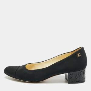 Pre Owned Chanel CC Size 40 Black Canvas Cap Toe Block Heel Pumps