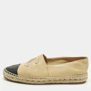 Pre Owned Chanel CC Size 39 Beige/Black Leather Espadrille Flats