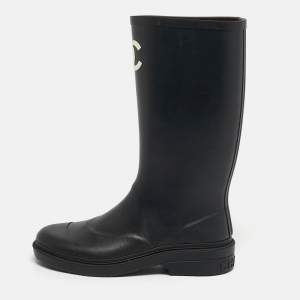 Pre Owned Chanel CC Size 37 Black Rubber Camellia Rain Boots