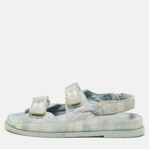 Pre Owned Chanel Dad Size 39.5 Blue/White Washed Suede CC Ankle Strap Sandals