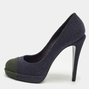 Pre Owned Chanel Size 40.5 Green/Purple Glitter and Leather Interlocking CC Logo Pumps