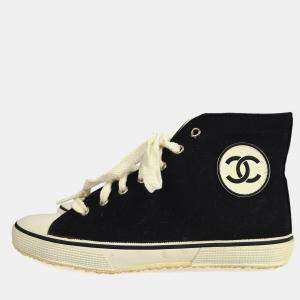 Pre Owned Chanel High Cut Sneakers String Shoes Black White #38