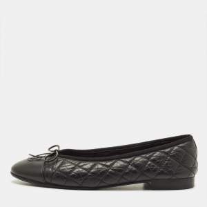 مملوكة مسبقًا Chanel CC Size 39.5 Black Quilted Leather Bow Cap Toe  Ballet Flats