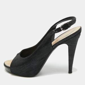 Pre Owned Chanel CC Size 40.5 Black Texture Suede Open Toe Slingback Pumps