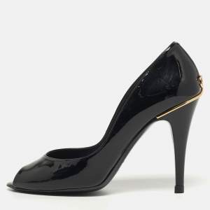 Pre Owned Chanel CC Size 39 Black Patent Leather Peep Toe Pumps