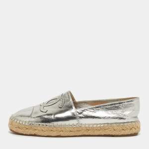 Pre Owned Chanel CC Size 36 Silver Foil Leather Cap Toe Espadrille Flats