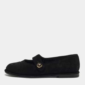 Pre Owned Chanel CC Size 36.5 Black Suede Mary Jane Ballet Flats