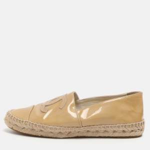 Pre Owned Chanel CC Size 38 Beige Patent Leather Espadrille Flats