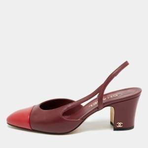 Pre Owned Chanel CC Size 39 Red/Burgundy Leather Slingback Pumps