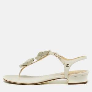 Pre Owned Chanel Camelia Size 40.5 White Leather Ankle Strap Thong Sandals