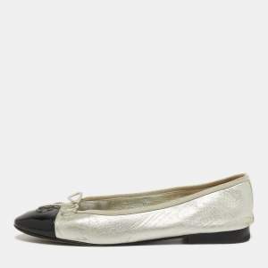 مملوكة مسبقًا Chanel CC Size 39.5 Silver/Black Leather and Patent Leather Bow Ballet Flats