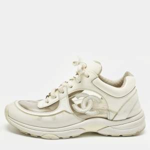 Pre Owned Chanel CC Size 38 White Patent Leather and PVC Low Top Sneakers