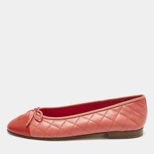 مملوكة مسبقًا Chanel CC Size 40 Pink/Red Quilted Leather Bow Cap Toe Ballet Flats