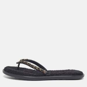 Pre Owned صندل شانيل بإصبع فلات تفاصيل سلسلة جلد مضفر أزرق مقاس 38