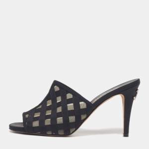 Pre Owned Chanel CC Size 37 Black Canvas and Grosgrain Mules