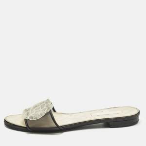 Pre Owned Chanel Camelia Size 37 Black/White Leather and Mesh Flat Slides 