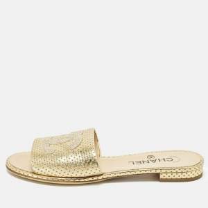 Pre Owned Chanel CC Size 38 Gold Leather Perforated Flat Slide