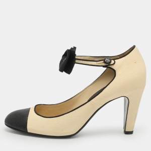 Pre Owned Chanel Bow Size 39 Cream Karung Leather Mary Jane Pumps