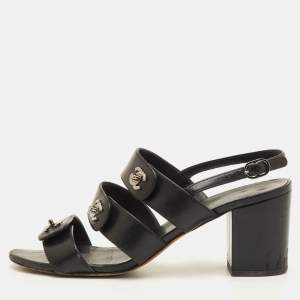 Pre Owned Chanel CC Turnlock Size 39 Black Leather Strappy Slingback Sandals