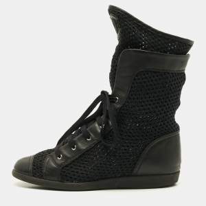مملوكة مسبقًا Chanel CC Size 38 Black Knit Fabric Leather Cap Toe Boxing Mid Top Sneakers
