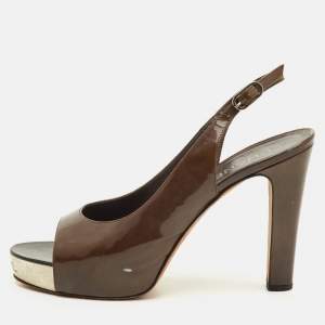 Pre Owned Chanel CC Size 41 Brown Patent Leather Platform Slingback Sandals