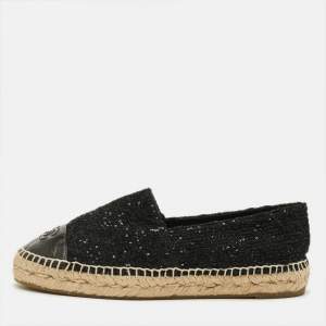مملوكة مسبقًا Chanel CC Size 39 Navy Blue Leather and Tweed Espadrille Flats