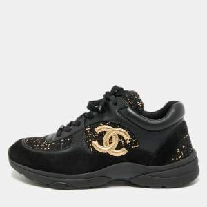 مملوكة مسبقًا Chanel Interlocking CC Size 40 Black/Gold Leather and Tweed Low Top Sneakers