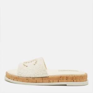 مملوكة مسبقًا Chanel Size 40 White Tweed  Interlocking CC logo Flat Slides 