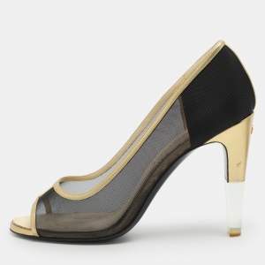 مملوكة مسبقًا حذاء كعب عالي شانيل سي سي جلد وشبكة أسود/ذهبي مقدمة مفتوحة مقاس 37.5