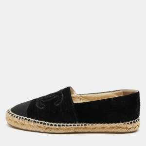 مملوكة مسبقًا Chanel interlocking CC Size 38 Black Canvas and Velvet Cap Toe Espadrille Flat