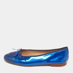 Pre Owned Chanel CC Size 42 Blue Patent and Leather Bow Ballet Flats