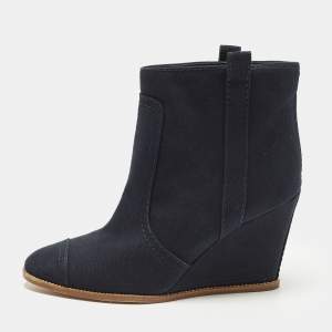 Pre Owned Chanel Size 39 Navy Blue Canvas Chain Wedge Boots