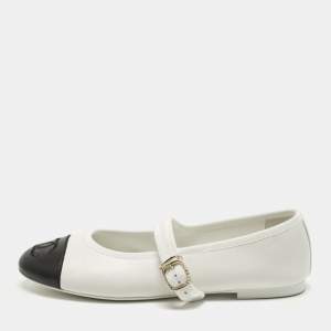 Pre Owned Chanel Size 39 White/Black Leather Mary Jane Ballet Flats