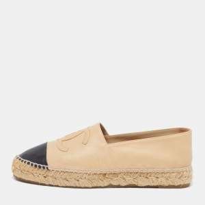 Pre Owned Chanel CC Size 38 Beige/Black Leather Espadrille Flats