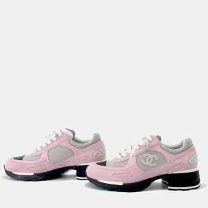 Pre Owned Chanel Cc Logo Low Cut Sneakers Pink/Gray/Black Suede Mix Fiber Size 36