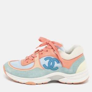 Pre Owned Chanel CC Size 38 Multicolor Nylon and Suede Lace Up Sneakers